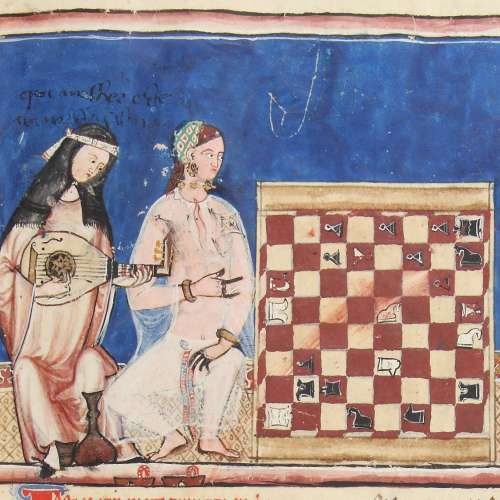 Femmes mauresques jouant aux échecs accompagnées d’une musicienne jouant du oud, enluminure du Libro del axedrez dados et tablas d'Alphonse X de Castille, v. 1283 