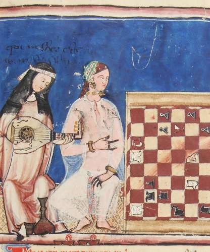 Femmes mauresques jouant aux échecs accompagnées d’une musicienne jouant du oud, enluminure du Libro del axedrez dados et tablas d'Alphonse X de Castille, v. 1283 